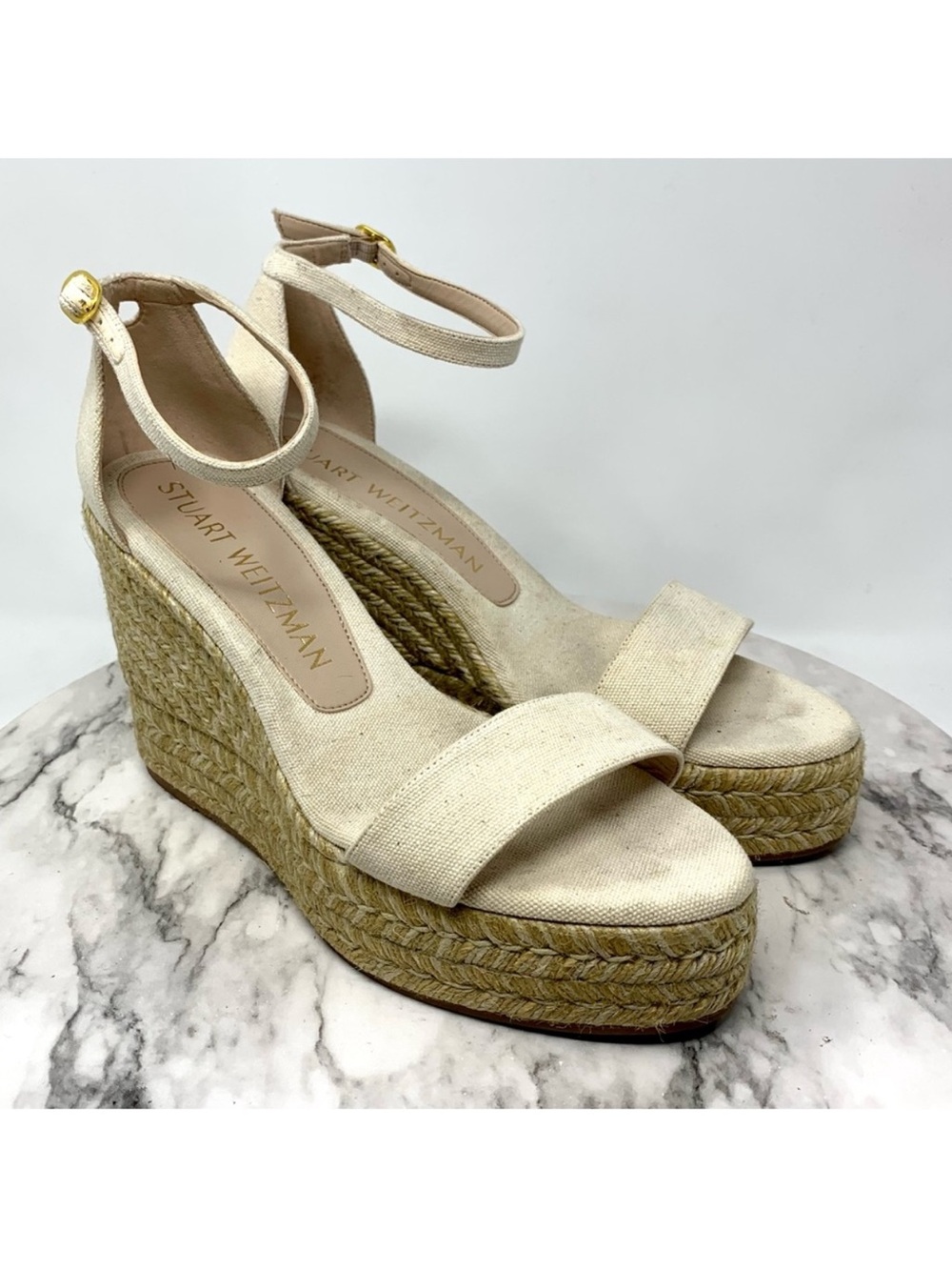 Stuart Weitzman Floria Cream Canvas Espadrille Wedges 8.5 Coastal Resortwear